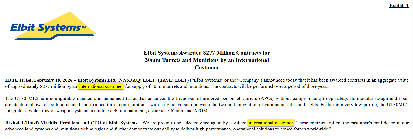 International customer - Elbit Systems