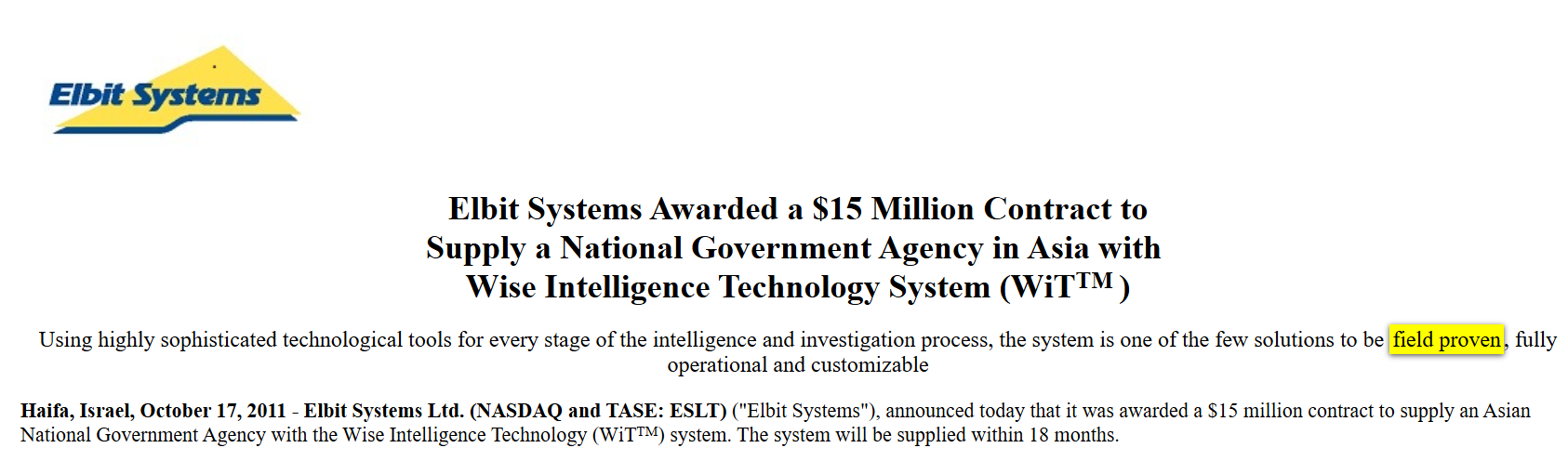 Field proven - Elbit Systems disclosure