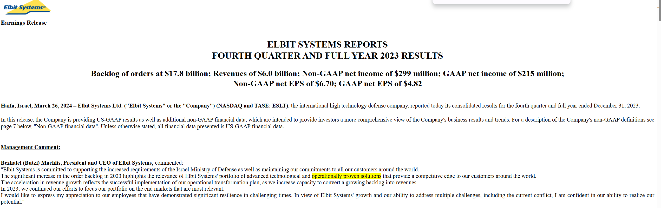 Operationally proven solutions - Elbit Systems disclosure