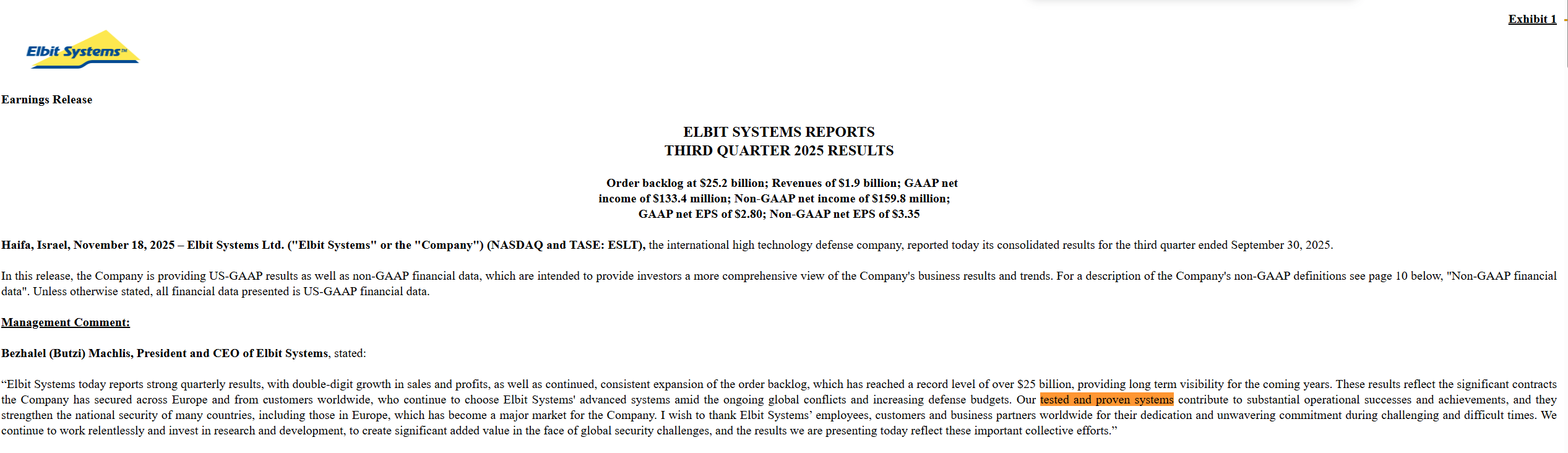 Tested and proven systems - Elbit Systems disclosure