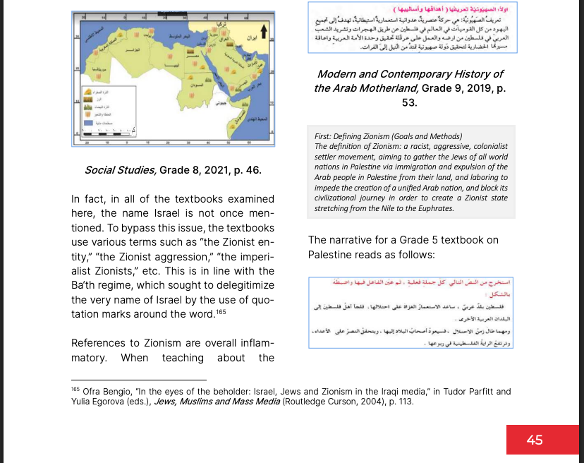 The IMPACT-se review of Iraqi textbooks: a map from the Grade 8 social studies textbook, 2021 edition, page 46; the definition of Zionism from the Grade 9 modern and contemporary…