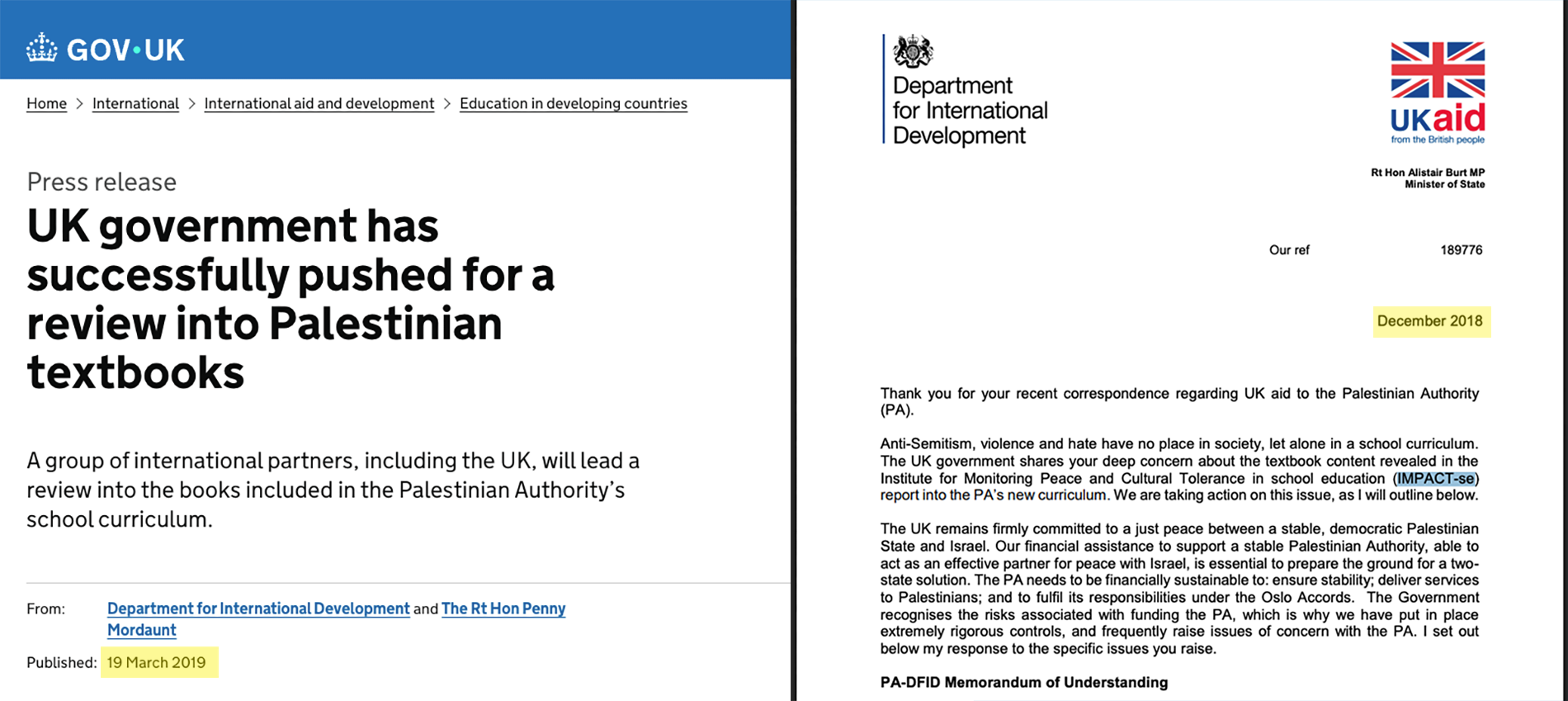 Two documents: a letter from the UK Department for International Development (DFID) signed by Minister of State Alistair Burt, December 2018, reference 189776, containing an…