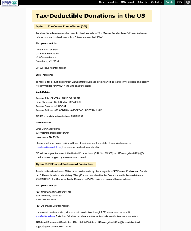 The donations page on the Palestinian Media Watch website, showing two tax-exempt donation channels in the United States: the Central Fund of Israel (CFI) and PEF-Israel Endowment…