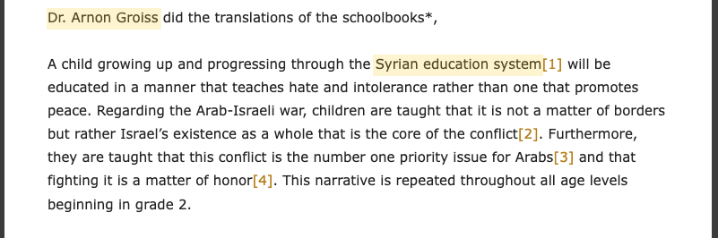 A passage from the CNEPR report on Syrian textbooks, stating that Arnon Groiss carried out the translation of the textbooks on which the report relied.