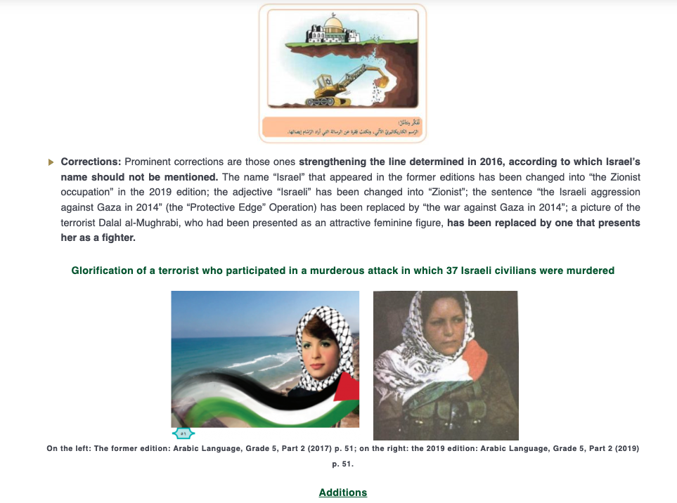 From the Meir Amit Center’s 2019 update: the picture of Dalal Mughrabi in the Grade 5 Arabic-language textbook, part two, 2017 edition, page 51, beside her picture in the 2019…