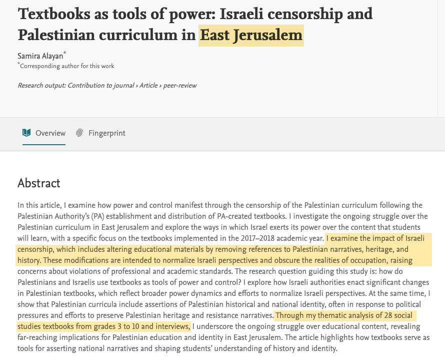The page of the study by researcher Samira Alayan entitled “Textbooks as Instruments of Power: Israeli Censorship and the Palestinian Curriculum in East Jerusalem”. The abstract…