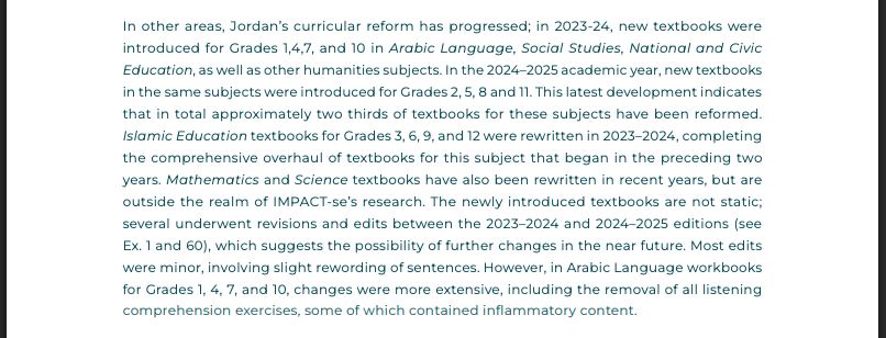 From the IMPACT-se report on Jordanian curricula: the introduction of new textbooks for Grades 1, 4, 7 and 10 in 2023–2024, and for Grades 2, 5, 8 and 11 in 2024–2025, and the…