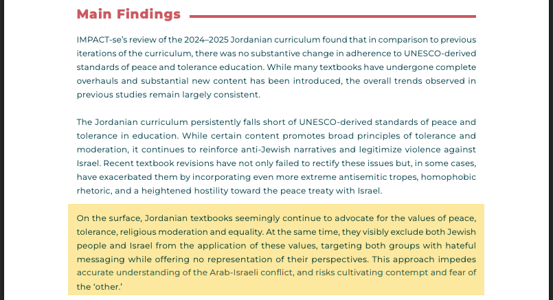 “Key findings” in the IMPACT-se report on the Jordanian curriculum, 2024–2025. The highlighted paragraph is the one the article quotes.