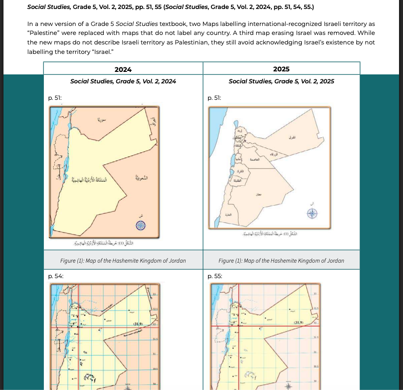 IMPACT-se’s comparison between two editions of the Grade 5 “Social Studies” textbook, part two: the 2024 edition, pages 51, 54 and 55, and the 2025 edition, pages 51 and 55. The…