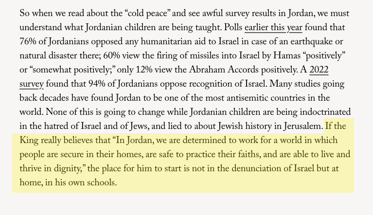 A paragraph from Elliott Abrams’s article; the highlighted part is the demand that King Abdullah II begin addressing the problem in Jordanian schools rather than by criticizing…