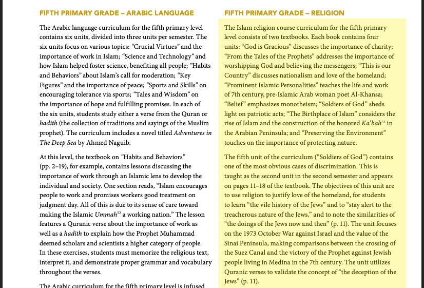From the review of Egyptian curricula: a description of the Grade 5 religion syllabus, containing what the report translated as “the vile history of the Jews”, “the treacherous…
