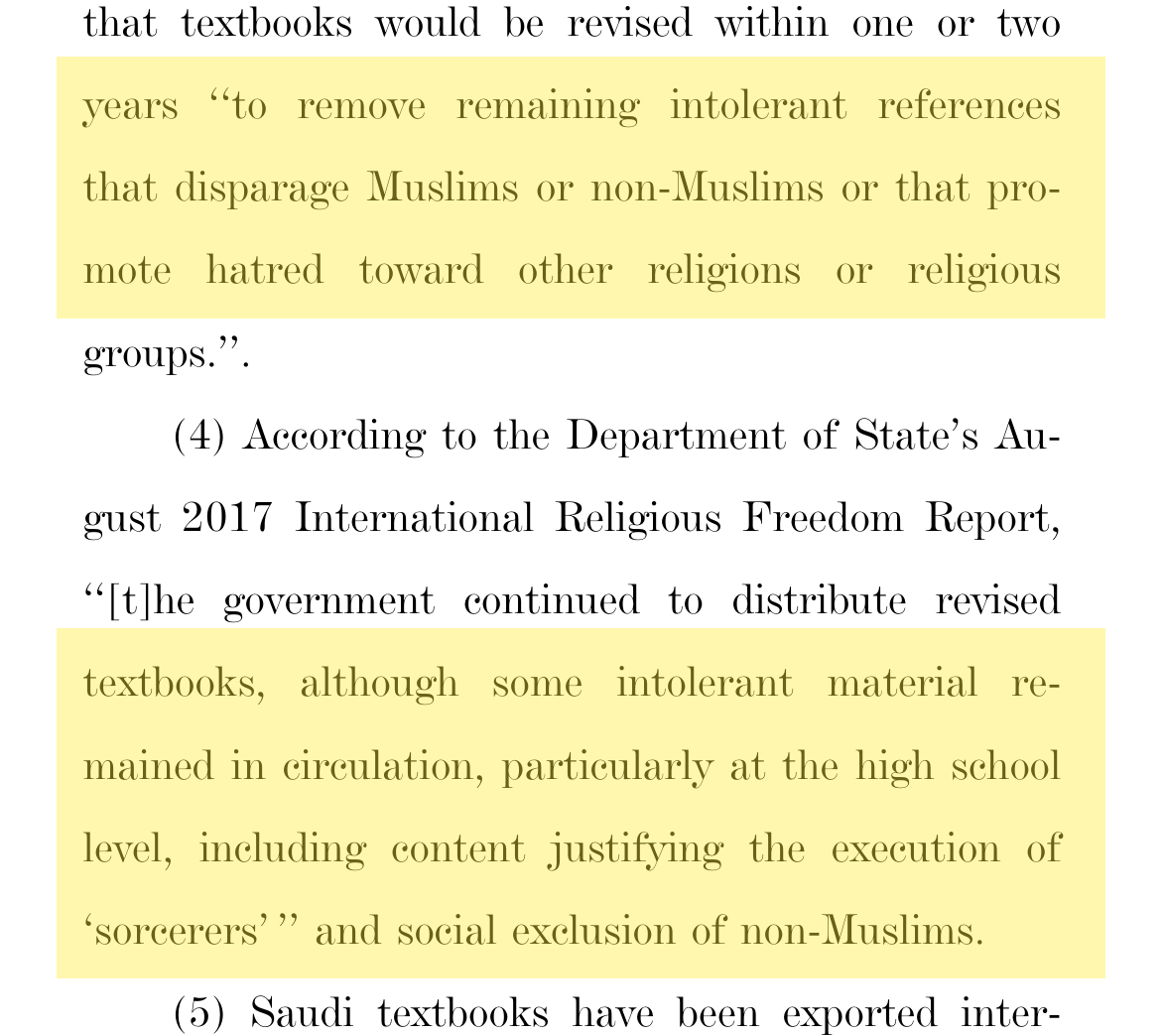 From the text of the “Saudi Educational Transparency and Reform” bill submitted to the U.S. Senate: the undertaking to review textbooks within one or two years to remove material…