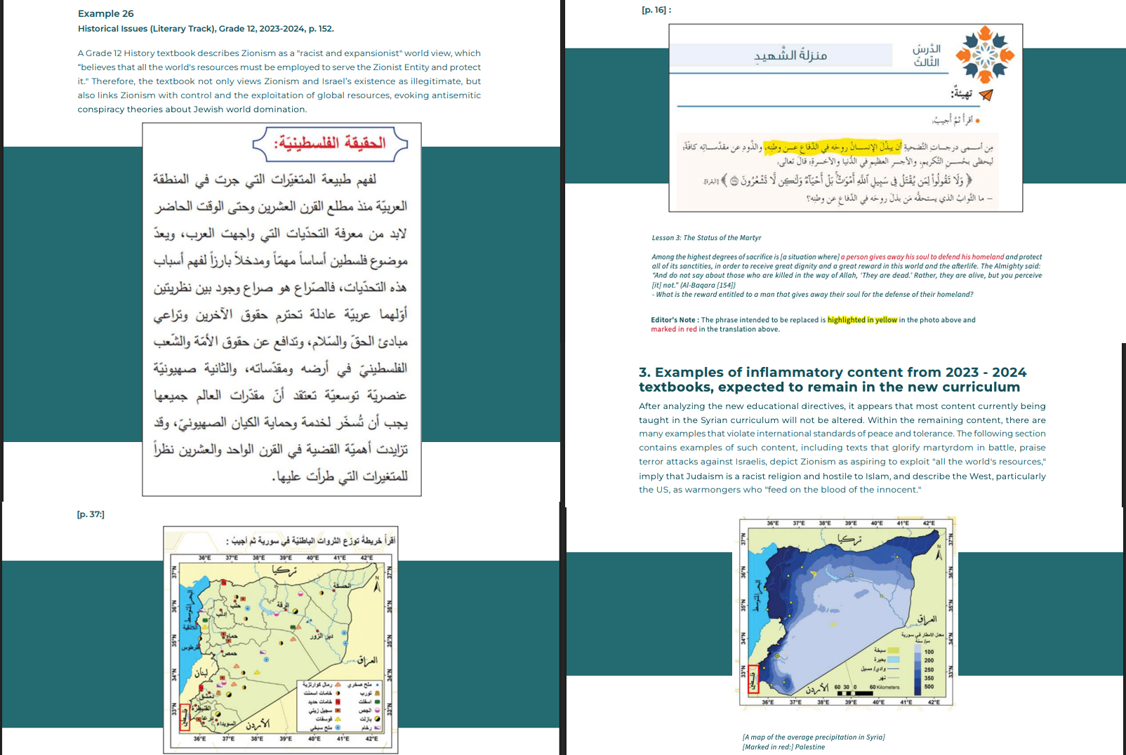 From the IMPACT-se report on the amendment of Syrian curricula: the textbook “Historical Issues”, Grade 12 literary track, 2023–2024 edition, page 152; the lesson “The Standing of…