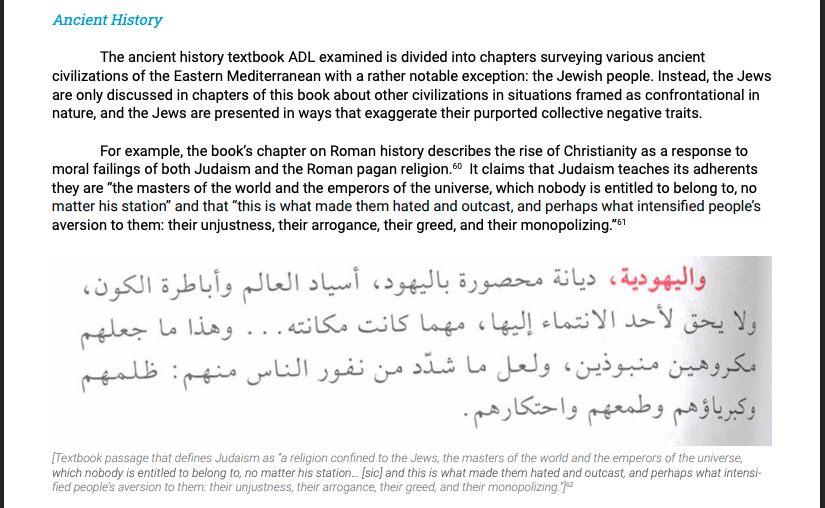 From the Anti-Defamation League (ADL) report on Lebanese curricula: a passage from a history textbook that defines Judaism as “a religion confined to the Jews, the masters of the…