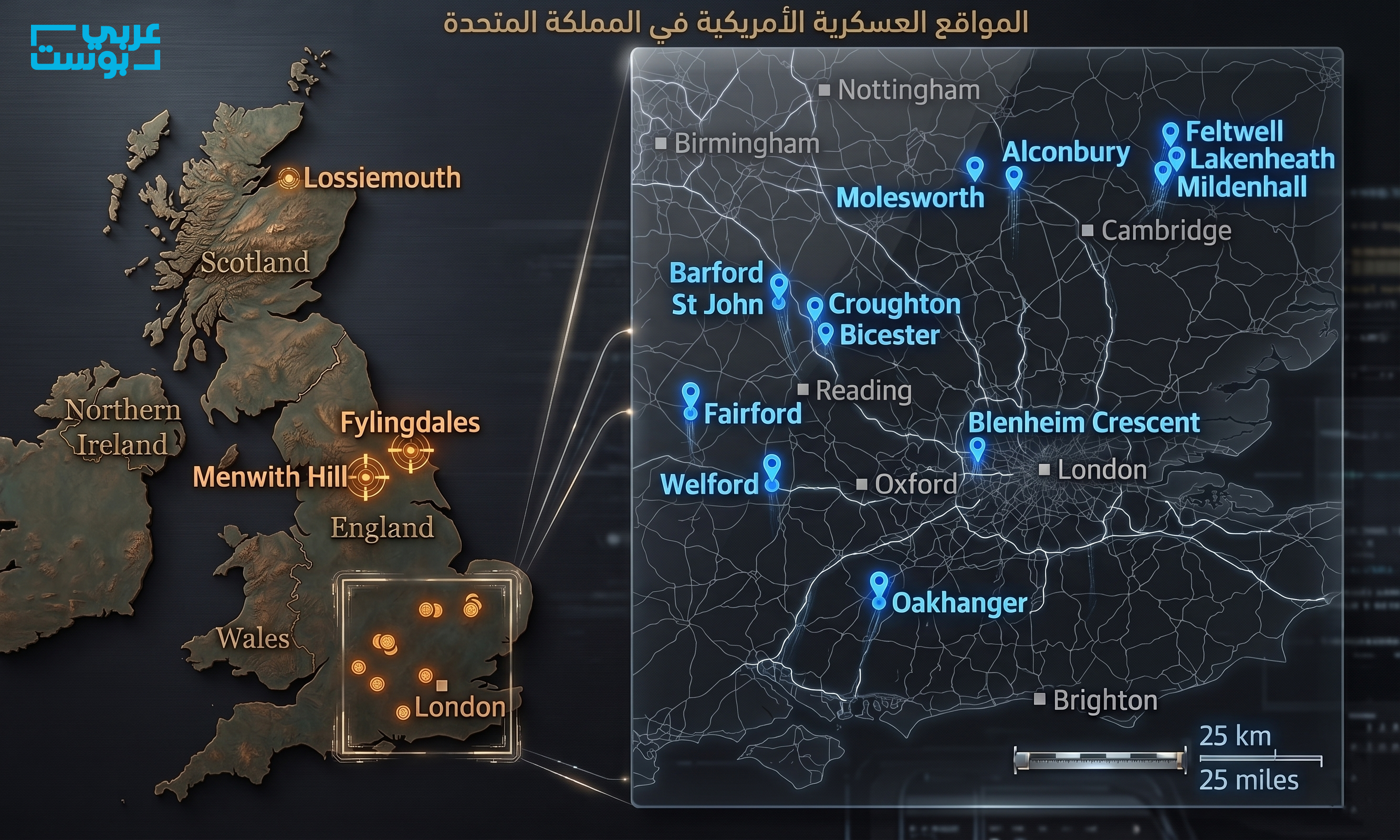 خريطة المواقع الأمريكية في بريطانيا