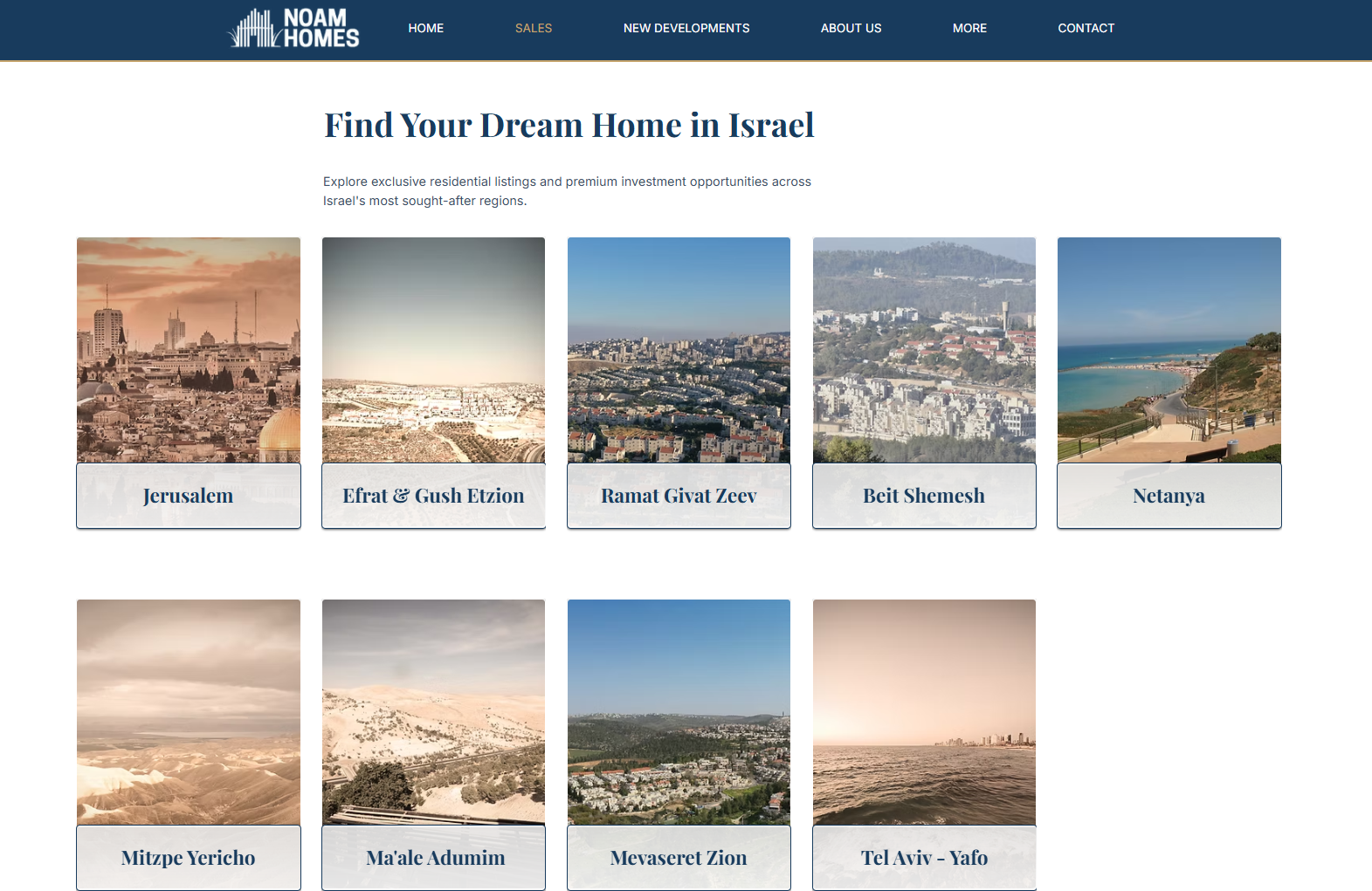 لقطة من صفحة «Find Your Dream Home in Israel» على موقع نوآم هومز، تعرض بطاقات مناطق تخلط بين مدن داخل إسرائيل (القدس، نتانيا، تل أبيب) ومستوطنات في الضفة الغربية مثل إفرات وغوش عتصيون ومعاليه أدوميم ومتسبيه يريحو وجفعات زئيف.