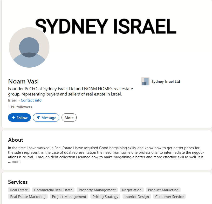لقطة من حساب نوآم فاسل على لينكدإن، يظهر فيها تعريفه: «Founder & CEO at Sydney Israel Ltd and NOAM HOMES real estate group»، مع شعار «Sydney Israel».