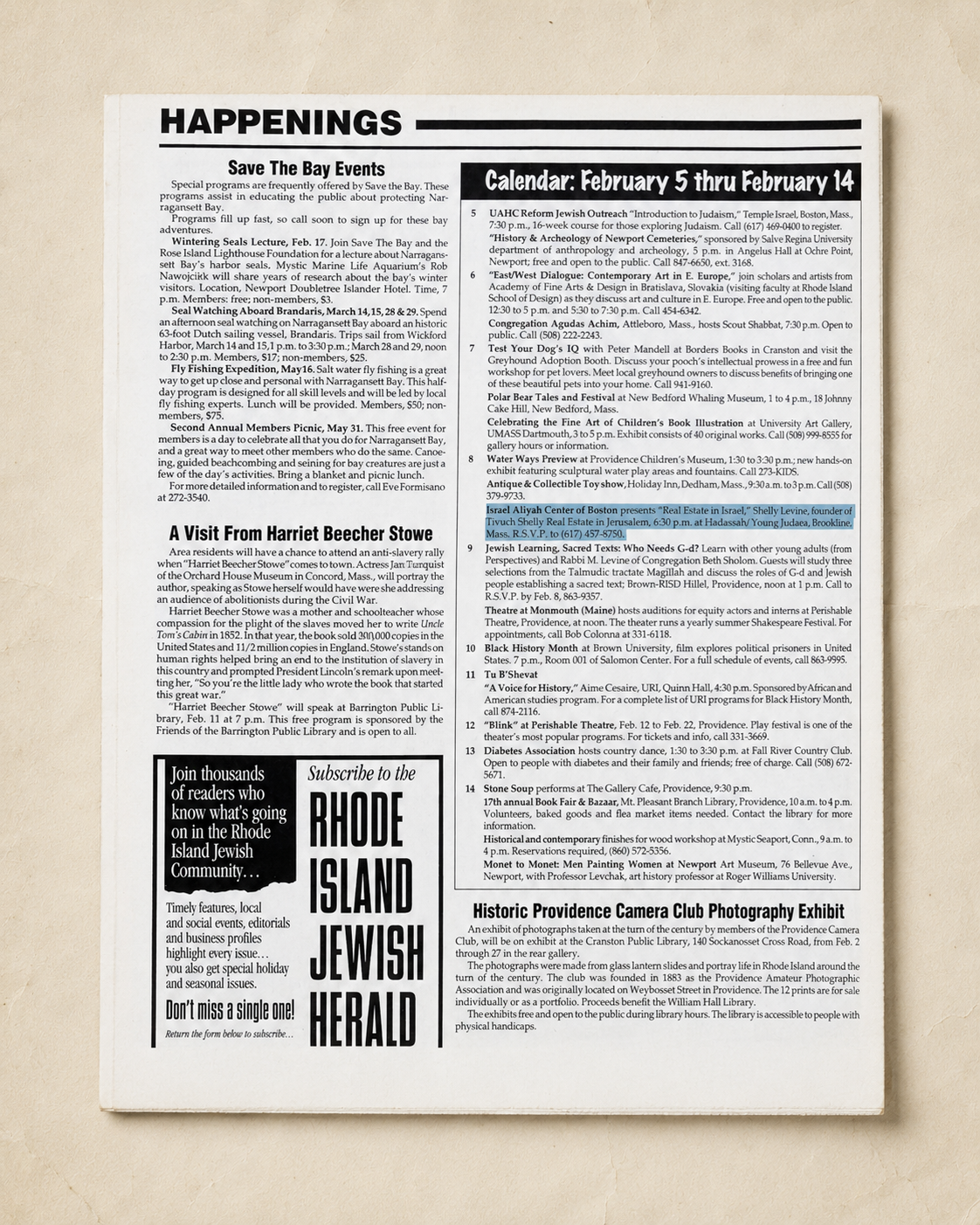 صفحة «HAPPENINGS» من صحيفة «Rhode Island Jewish Herald» يظهر فيها إعلان مُظلَّل عن لقاء عقاري لشيلي ليفين مؤسِّسة «تيفوخ شيلي» في بوسطن.