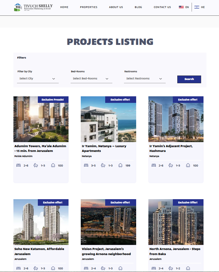 لقطة من صفحة «Projects Listing» على الموقع الرسمي لشركة تيفوخ شيلي، يظهر فيها مشروع «Adumim Towers» في مستوطنة معاليه أدوميم معروضاً للبيع إلى جانب مشروعات أخرى.
