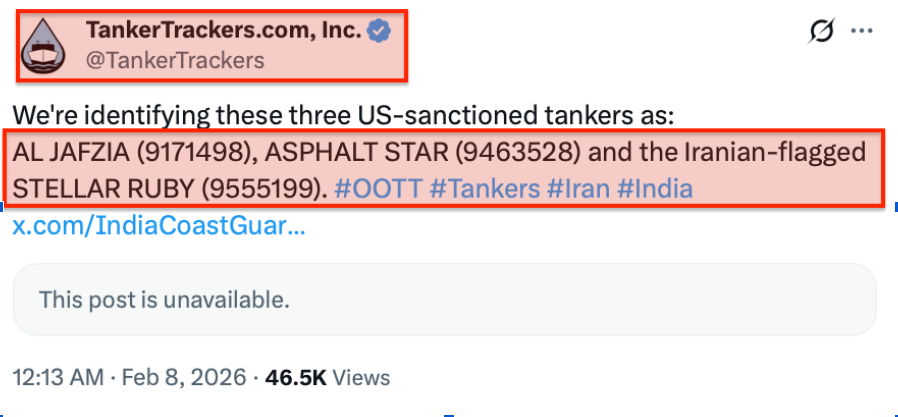منصة TankerTrackers تكشف عن سفينة AL JAFZIA الخاضعة للعقوبات الأمريكية
